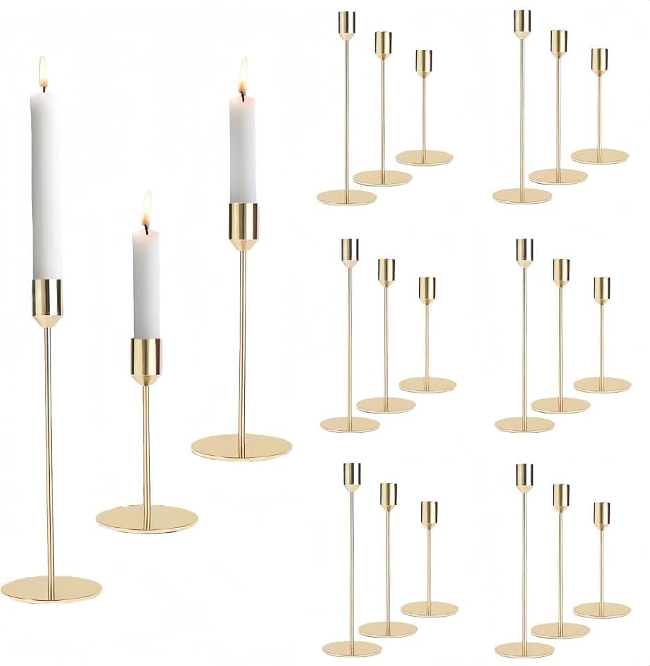 18 Pcs Gold Taper Candle Holders Bulk Vintage Tall Metal Candlestick Holders Set, Candle Stick Holder Decor with 3 Different Heights for Table Centerpiece Wedding Dinner Party Home Mantel Decor