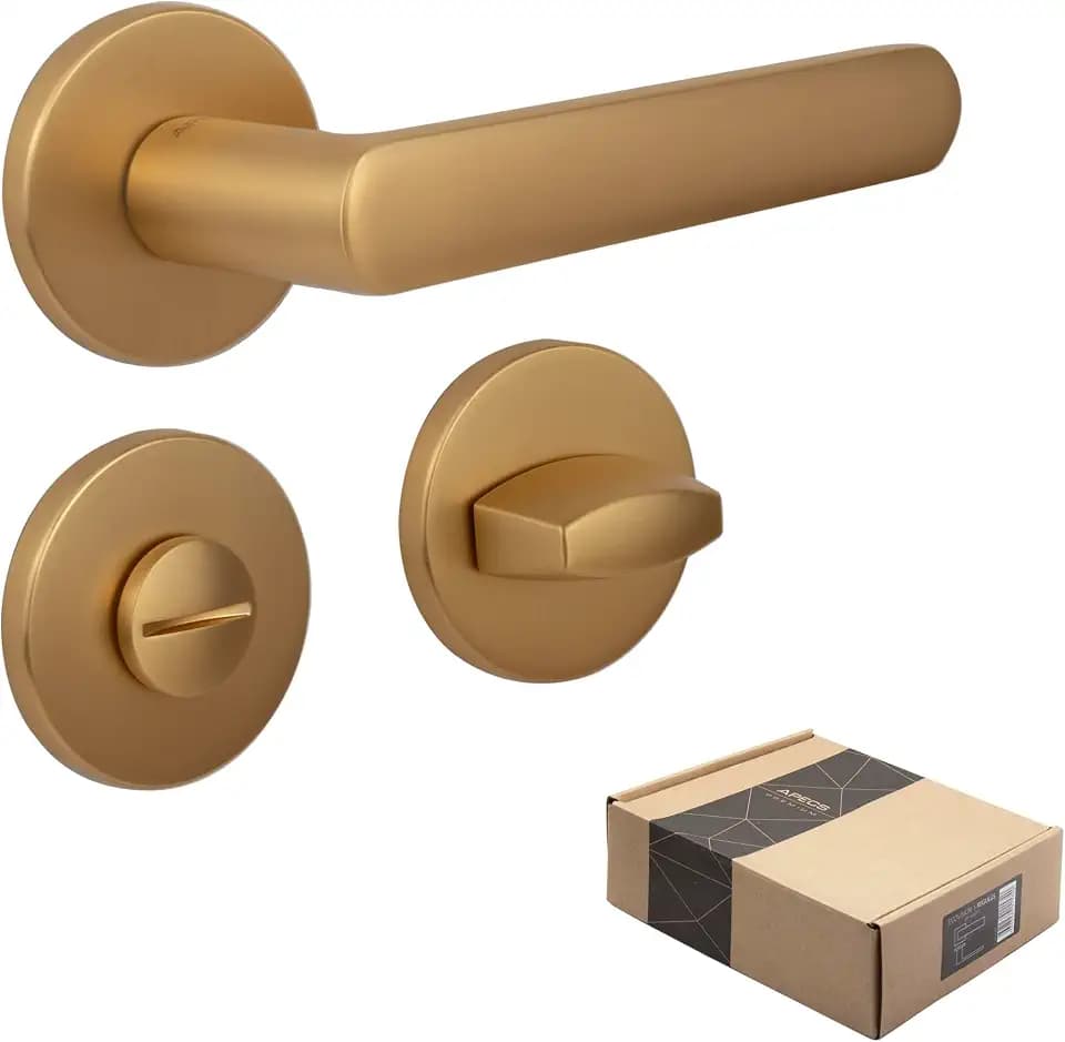 APECS Türgriffe innentüren Türgriff goldener matt Modern Türklinke für Haustür und Innentür mit runden Rosetten Drückergarnitur mit Befestigungsmaterial Türbeschlag Modell KUMA WC - Badezimmer