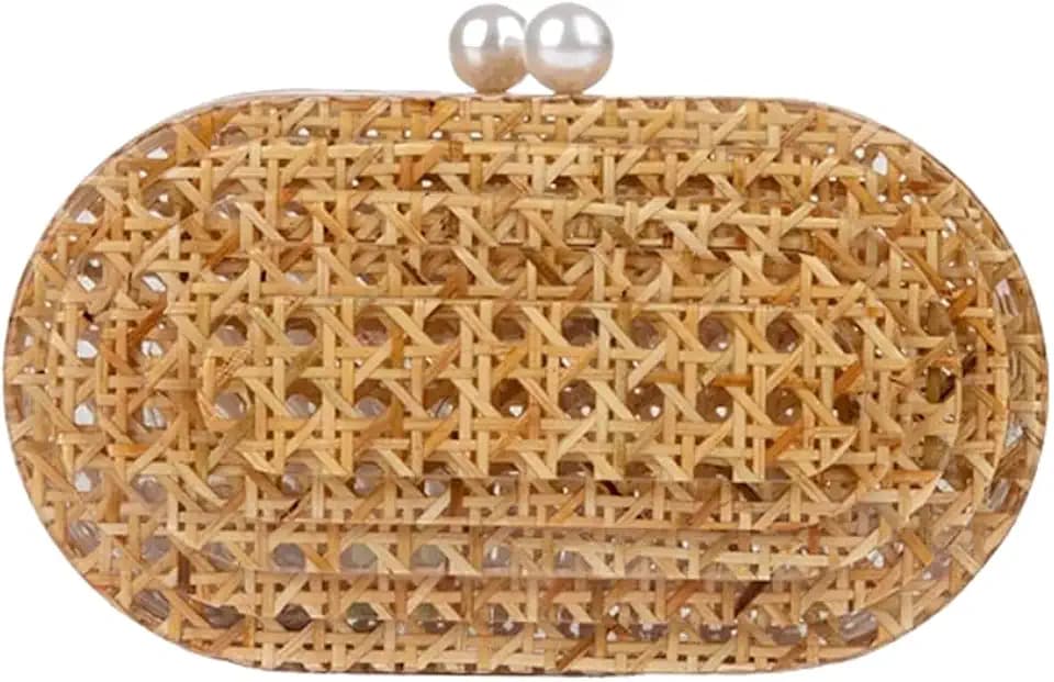 Women Acrylic Rattan Clutch Purse Rattan Woven Evening Bag Wedding Party Purse Summer Beach Wicker Shoulder Handbag