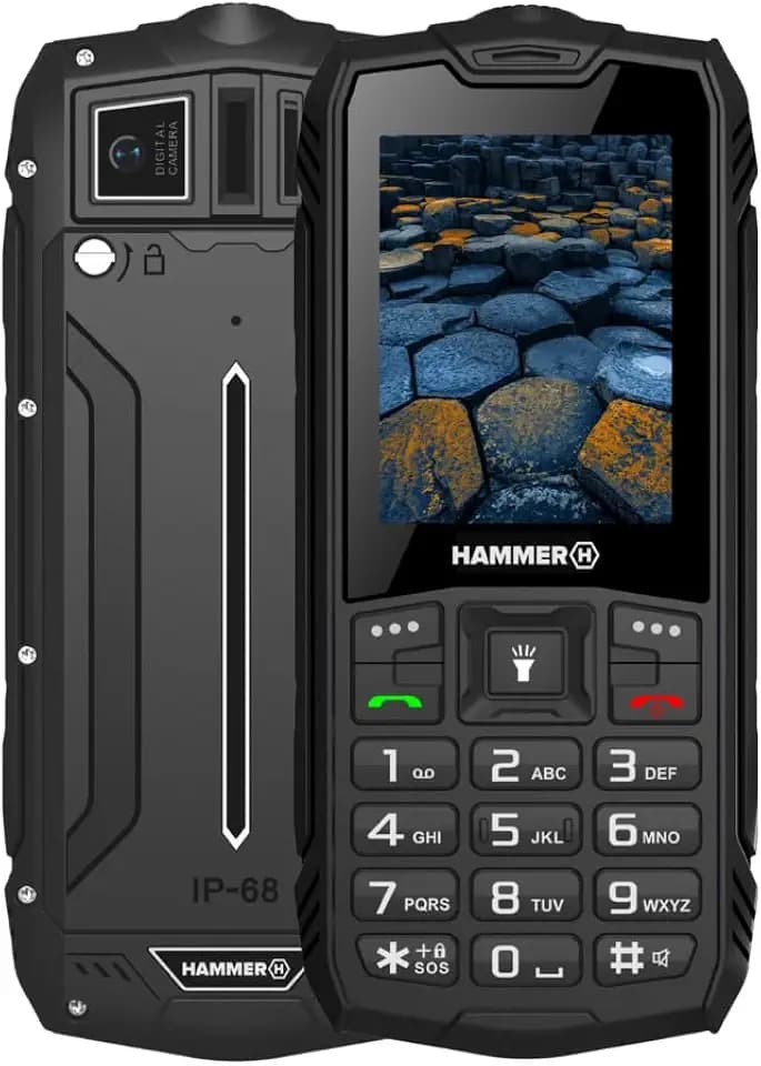 Hammer H Basalt Outdoor Handy ohne Vertrag, 2.4 Zoll Farbdisplay, Robust, Mega Batterie 1800 mAh, Wasserdicht (IP68), Stoßfest, Baustellen Tasten, Taschenlampe, Dual SIM, Tastenhandy - Schwartz