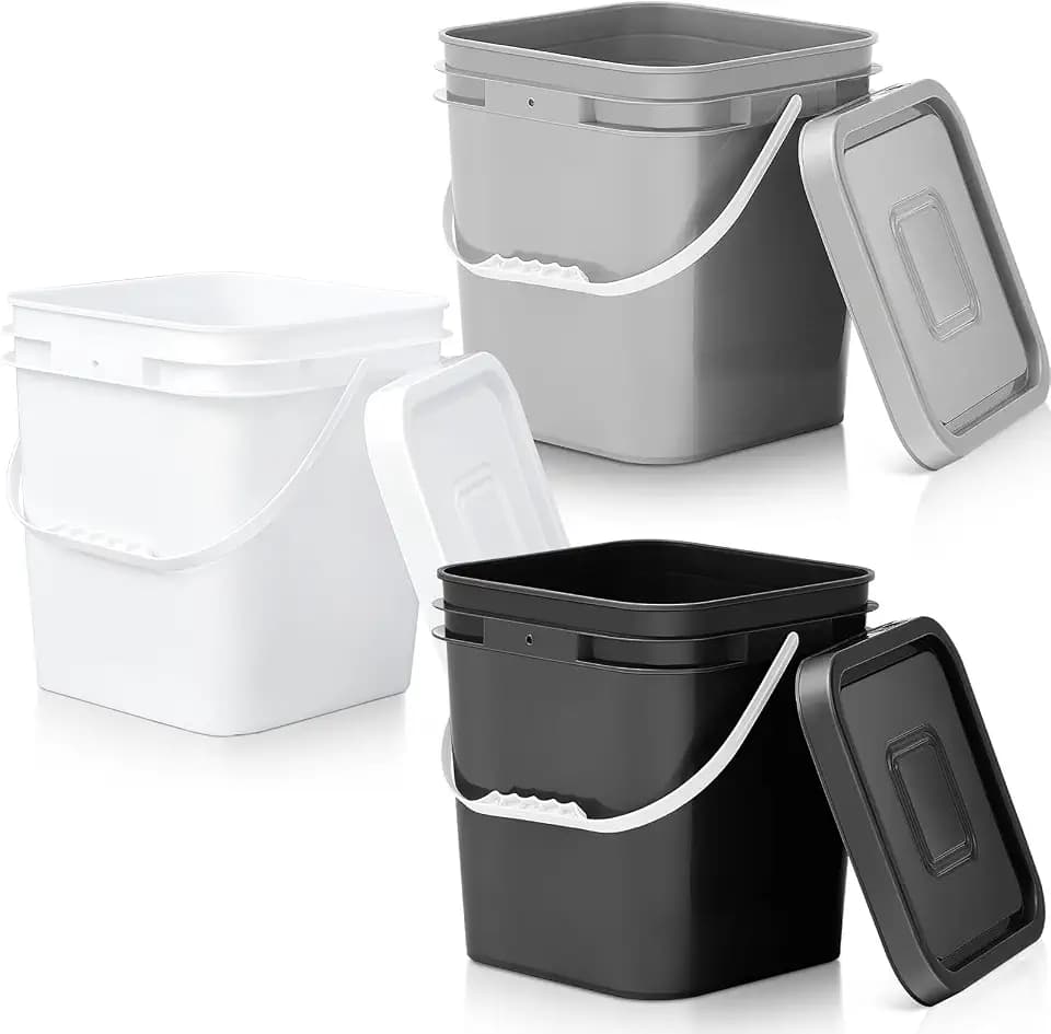 Mumufy 3 Pcs 3.5 Gallon Square Food Grade Bucket with Lid, Black,Gray,White