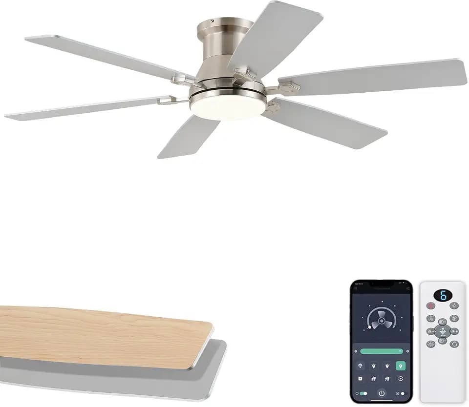 52 inch Low Profile Ceiling Fan with Light and Remote/APP Control, LED Dimmable DC Reversible Motor, Modern, Flush Mount, 6 Blade, Nickel Ceiling Fan for Bedroom, Living Room Indoor/Outdoor Use