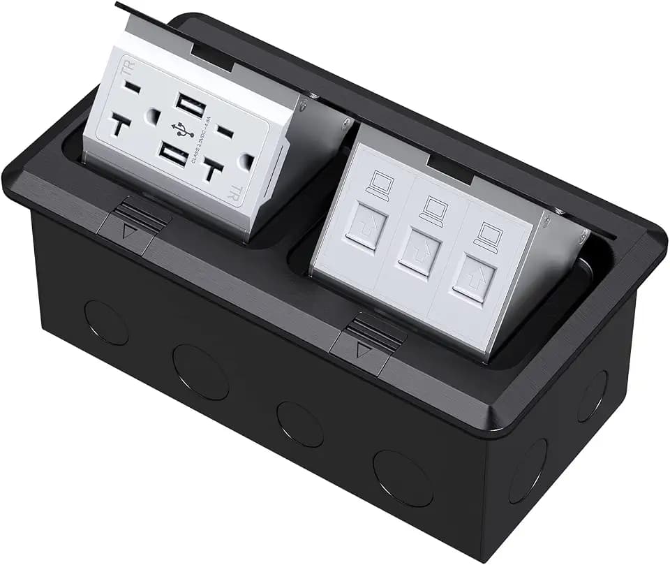 Dual Pop-Up Floor Electrical Outlet Box Kit,20 Amp Stainless Steel USB TR Receptacle Outlet,3-Port RJ45 Datacom Receptacle,Waterproof Gasket with IP44 Waterproof Rating, ETL Listed, Black