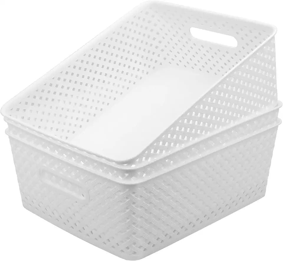 MaxGear 3 Pack Plastic Storage Baskets, Large, White