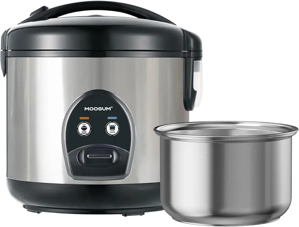 Electric Rice Cooker with One Touch for Asian Japanese Sushi Rice, 5-Cup Uncooked with Stainless Steel Inner Pot, Removable Inner Cover and Steamer, Silver