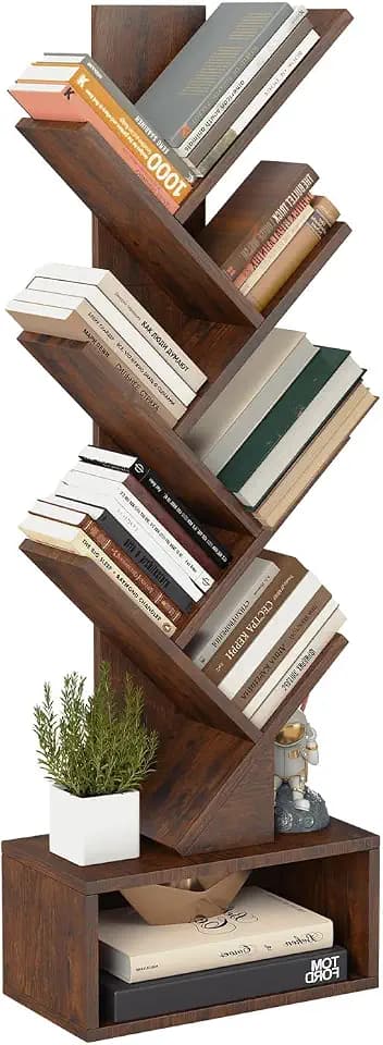 FDW 7 Tier Tree Bookshelf, Rustic Brown Floor Standing Bookcase with Storage Cabinet, Tall Narrow Bookshelves Organizer for Bedroom/Living Room/Home Office Corner