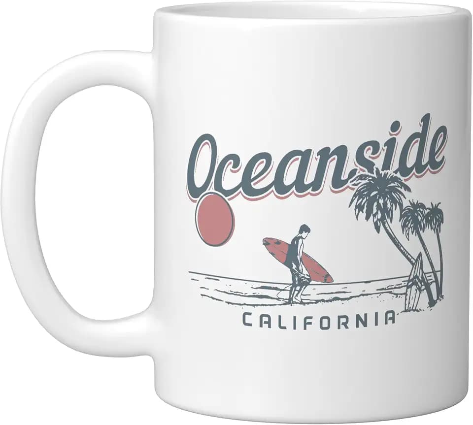 California Seaside Surf Beach Vintage Souvenir Surfers Ceramic Mug, White, 11oz