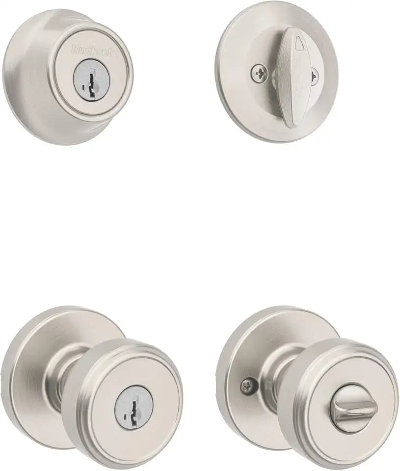 Kwikset Maven Front Door Lock Handle and Deadbolt Set, Entry Handleset Round Exterior with Interior Door Knob, Secure Locking Deadbolt, Satin Nickel, with Microban Protection
