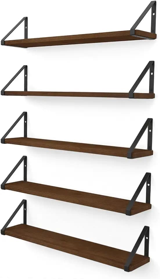 Wallniture Ponza Floating Shelves for Wall, 24" Floating Bookshelf, Wood Wall Shelves for Bedroom Decor, Walnut, Set of 5