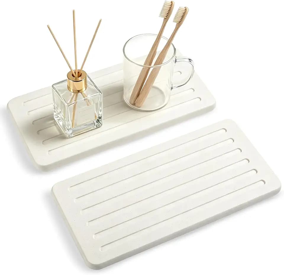Ninsula 2 Pack Water Absorbent Stone Mats, 7.9" x 4" White Diatomite Mats with Small Silicone Pads, Quick Dry Stone Mat for Bathroom Sink & Kitchen Counter