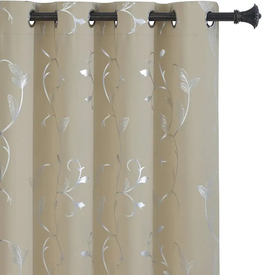BUHUA Beige Blackout Curtains Thermal Insulated Wave Vine Print Window Curtains Total Privacy Curtains for Living Room 52W×72L Set of 2 Panels