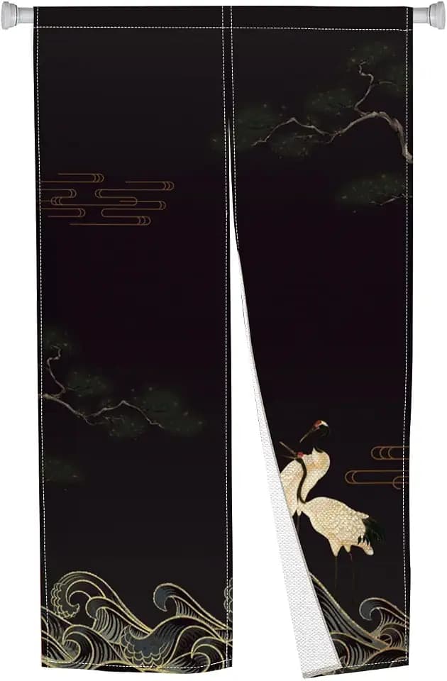 Traditional Japanese Noren Doorway Curtain Long Type Japanese Door Curtain Red-Crowned Crane, Wave Window Treatment Door Tapestry for Home Room Decors Polyester 33.5" Width x 47.2" Long