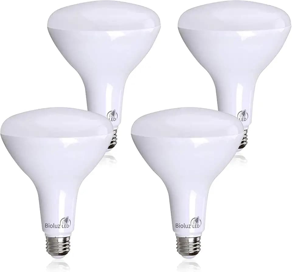 Bioluz 4 Pack Brightest BR40 LED Light Bulb - 90 CRI Instant ON Warm White 2700K Light Bulbs 16W 1400 Lumen Indoor & Outdoor Lighting Smooth Dimmable Lightbulb UL Listed Title 20 Compliant