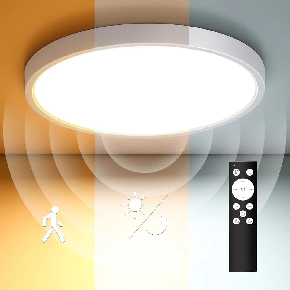 LED Deckenleuchte mit Radar Bewegungsmelder, 20W 2000LM Deckenlampe Dimmbar mit Fernbedienung, IP54 4000K Lampe Bewegungssensor Innen für Bad, Flur, Treppe, Garage, Keller, Balkon 23cm