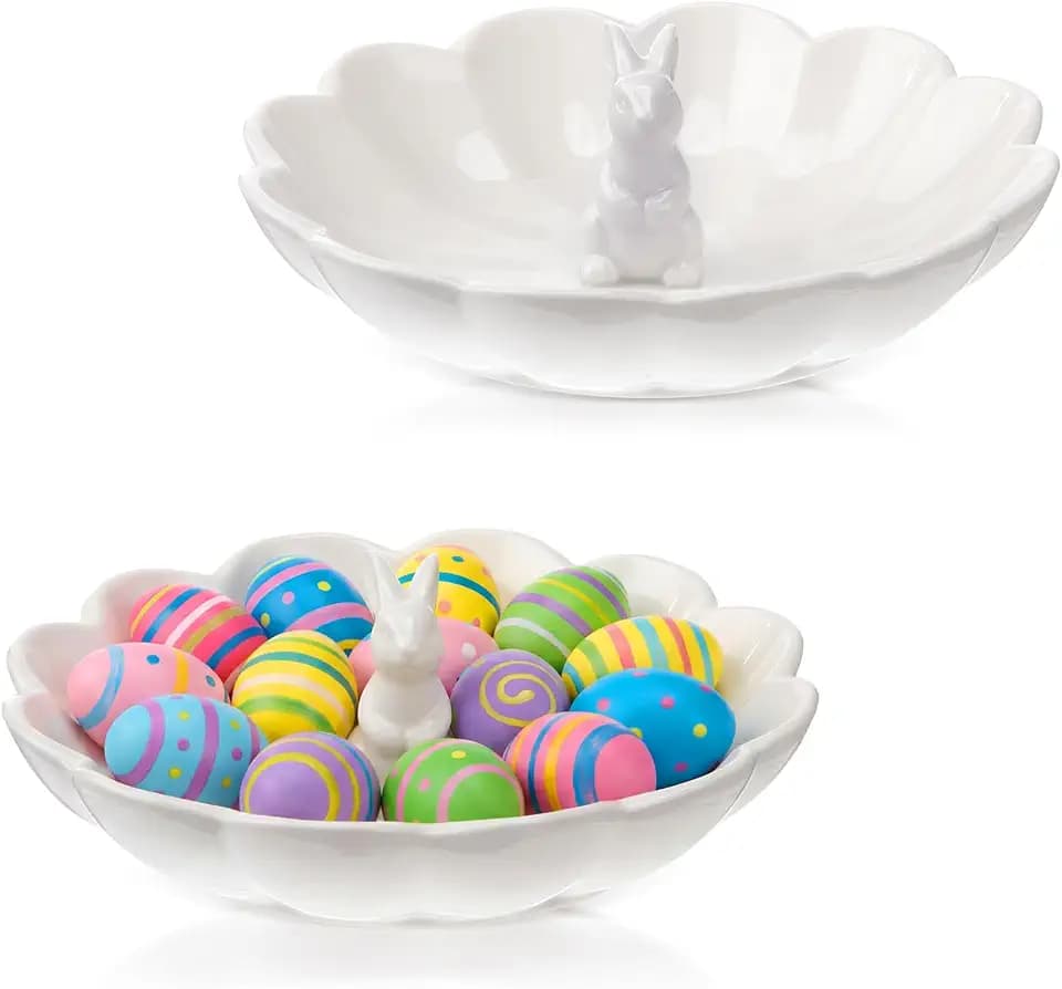 Domensi 2 Pcs Easter Bunny Candy Dish 7 Inch Ceramic Rabbit Plate Candy Bowl Snack Serving Bowl for Dessert Fruits Salads Easter Table Decoration