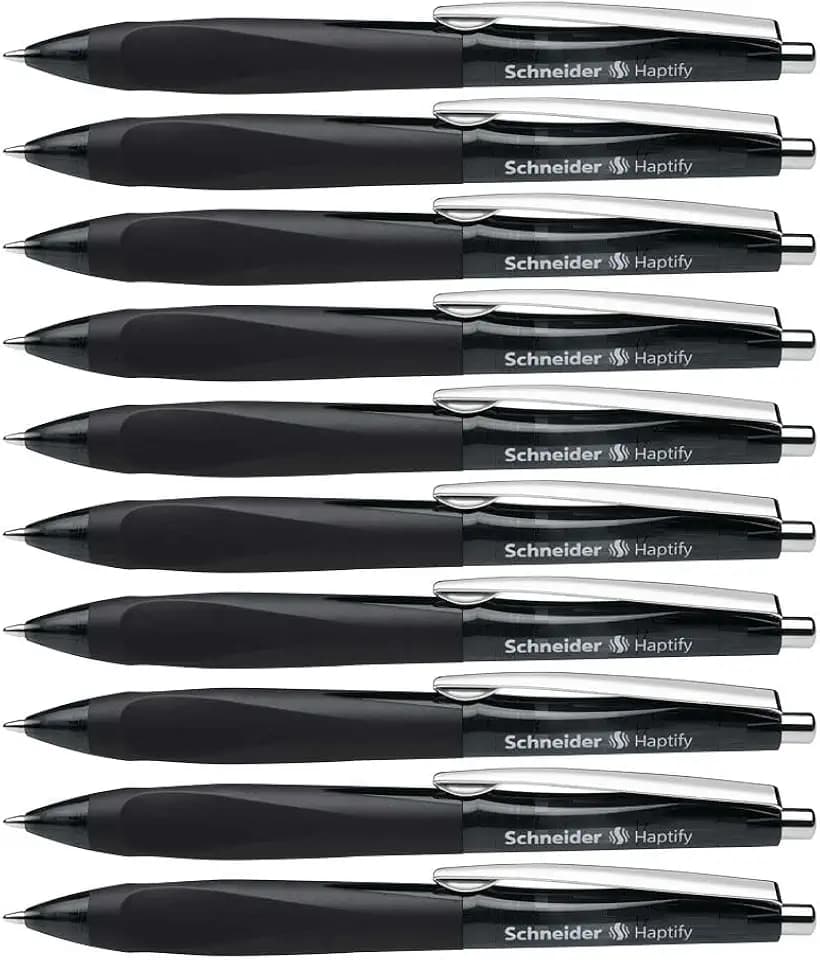 Schneider Haptify Ballpoint Pen M (Medium), Refillable + Retractable, 1.0 mm, Black Ink, Signature Three‑Edge Grip, Box of 10 Pens (135301)