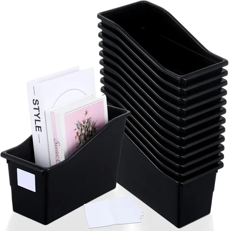 gisgfim 12 Pack Large Book Bins with Labels (Black)