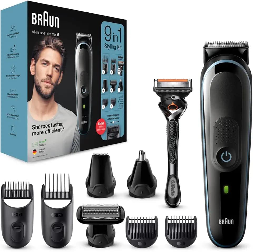 Braun Multi-Grooming-Kit 5, 9-in-1 Barttrimmer und Haarschneider/Haarschneidemaschine für Haarentfernung Herren, für Gesichts-, Kopf-, Körperhaare, 7 Aufsätze, Geschenk Mann, MGK5380, schwarz/blau