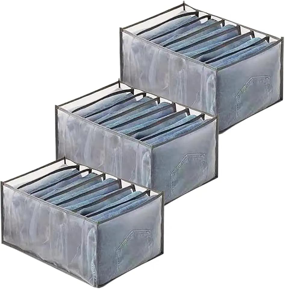 Wardrobe Clothes Organizer, 7 Grids Washable Portable Closet Organizer Mesh Separation Storage Box Foldable Closet Drawer Organizer for Underwear, Socks, Scarves, Jeans (Grey, 3 Jeans Grid)