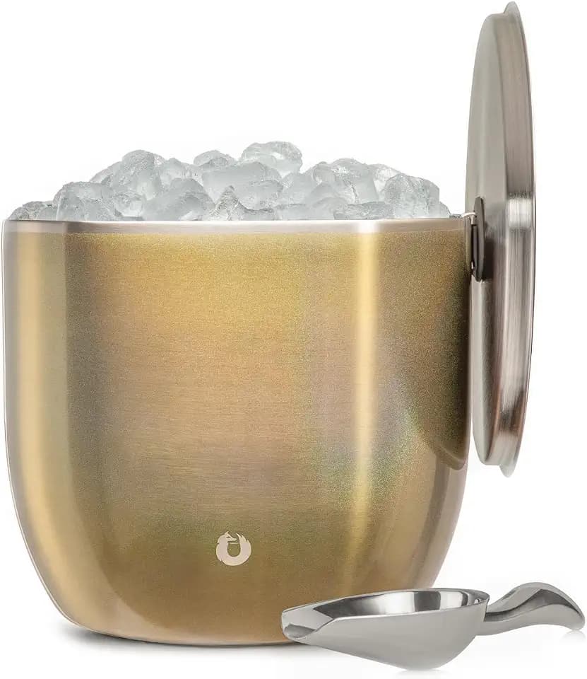 Snowfox XL Premium Vacuum Insulated Double Wall Stainless Steel Ice Bucket with Lid/Scoop, Bar Accessories, Large Elegant Party Bucket, Chill Several Bottles, Beautiful Entertaining, 7L, Shimmer Gold