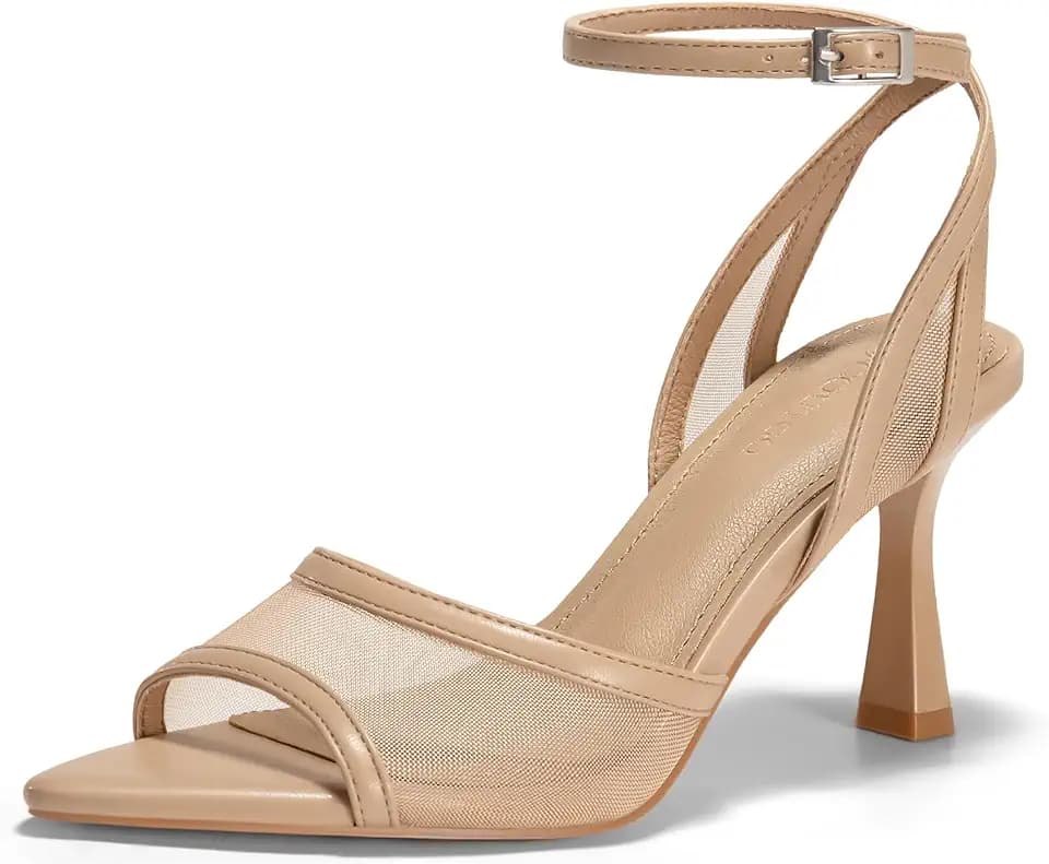 Coutgo Womens Kitten Heels Sandals Pointed Open Toe Ankle Buckle Strap Summer Dress Shoes