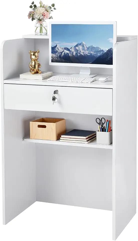 VEVOR Reception Desk, 23.6 inch Rectangular Front Counter Table, Modern Office Reception Desk with Drawer, Small Minimalist Retail Counter Table for Checkout, Lobby, Beauty Salon and Office, White