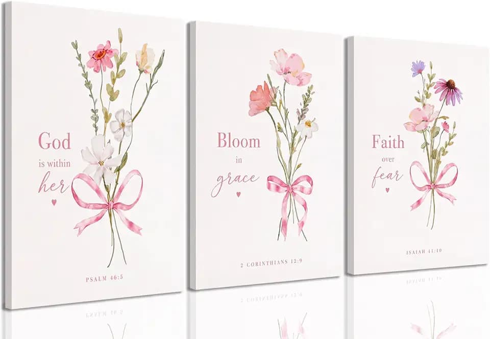 Baby Girl Nursery Wall Art Set of 3 Pink Bow Floral Canvas Prints, Christian Bible Verse Nursery Decor, Cute Flower Posters Pictures with Scripture for Girls Room Bedroom Framed 12x16 Inch