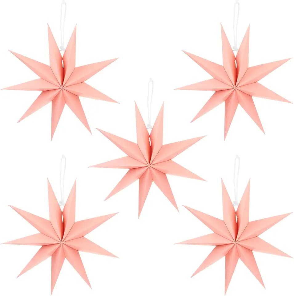 MECCANIXITY 5 Pcs Paper Star Lanterns 9-Pointed 12" Hanging Star Paper Lantern Hanging Lampshade for Christmas,Wedding,Graduation Party Supplies, Pink