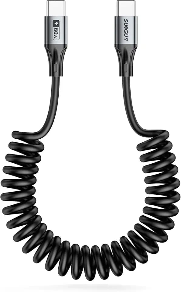 SUNGUY Coiled USB C to USB C Cable, 60W USBC to USBC Android Auto & Carplay Cable for iPhone 17 16 15 Pro Max, Samsung Galaxy S24/S3/S22, iPad Pro, 1Pcs 4FT【Extendable:1FT-3FT】 Grey