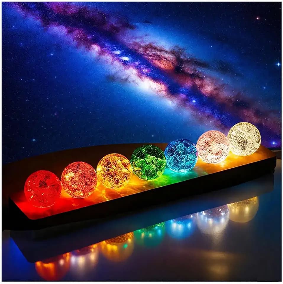 40mm Set of 7 Ice Cracked Glass Crystal Chakra Balls with LED Wooden Base - 7 Colors Healing Sphere, Night Light Decor for Home, Living Room, Meditation & Energy Balancing