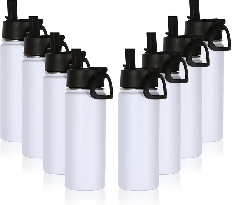 Volhoply 16 OZ Kids Water Bottle Bulk 8 Pack,Insulated Sports Bottles with Straw Lid,Stainless Steel Bottle with Handle Keep Cold & Hot,Double Wall Vacuum Tumbler Cups for School(White, 8)