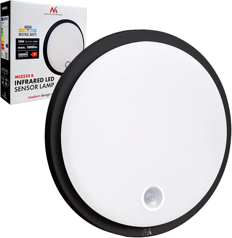 Maclean MCE525 LED-Lampe mit Bewegungssensor | PIR 10 W IP65 Neutral 4000 K 1000 lm Deckenleuchte für den Außen- und Innenbereich mit Dauerbetrieb | Energieklasse F (Schwarz)