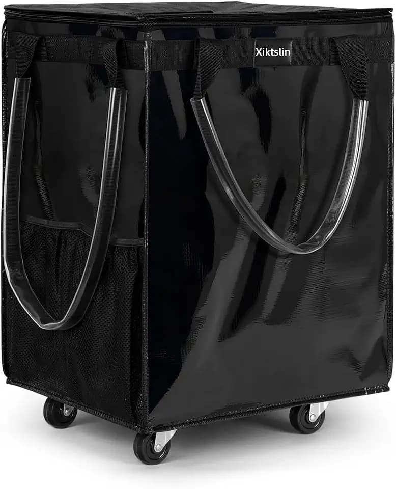(Large, Black) Reusable Grocery Bag on 5 Wheels, Foldable Rolling Tote Bag