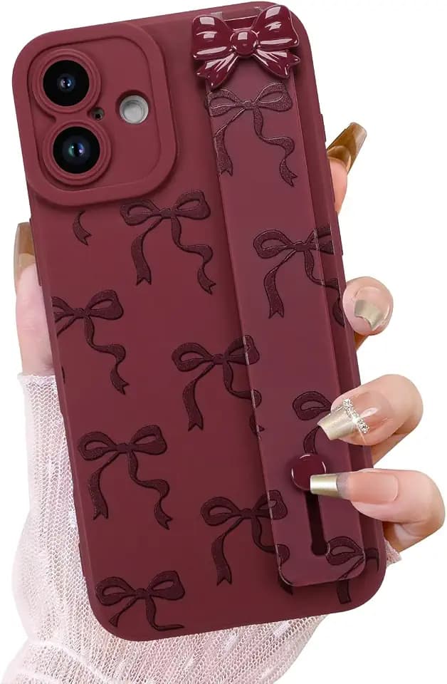 OOK Wrist Strap Case for iPhone 16 Plus, Wine Red Bow
