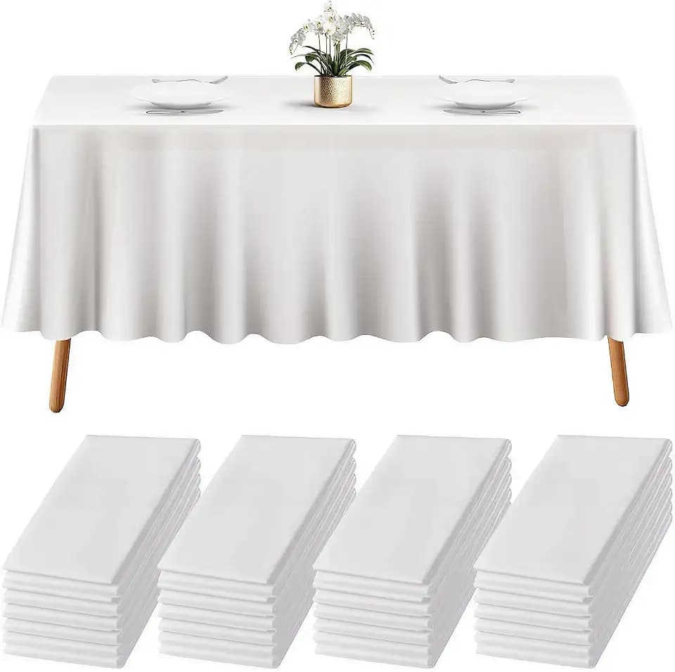Prestee 24 Pack Plastic Table Cloth Disposable - 108" x 54" White Table Cloth Rectangle for Indoor or Outdoor Use - White Tablecloths for Weddings, Parties - Plastic Table Cover for Fine Dining Events