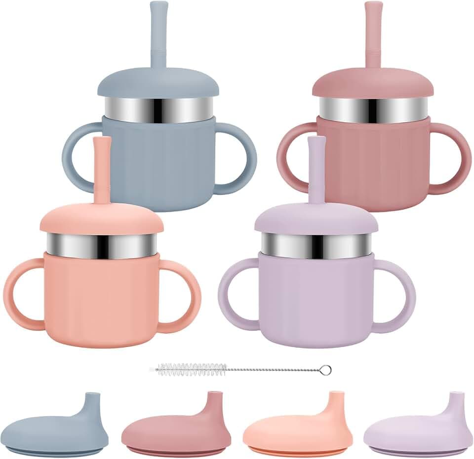 Baby Sippy Cups, 7.4 Oz Sippy Cups, 3 Stages Training Cup, Straw Cup for Infants Toddlers 6-12 Month and Kids 1-3 Year, Stainless Steel Kid Cups with Silicone Straws, 4 Colors B