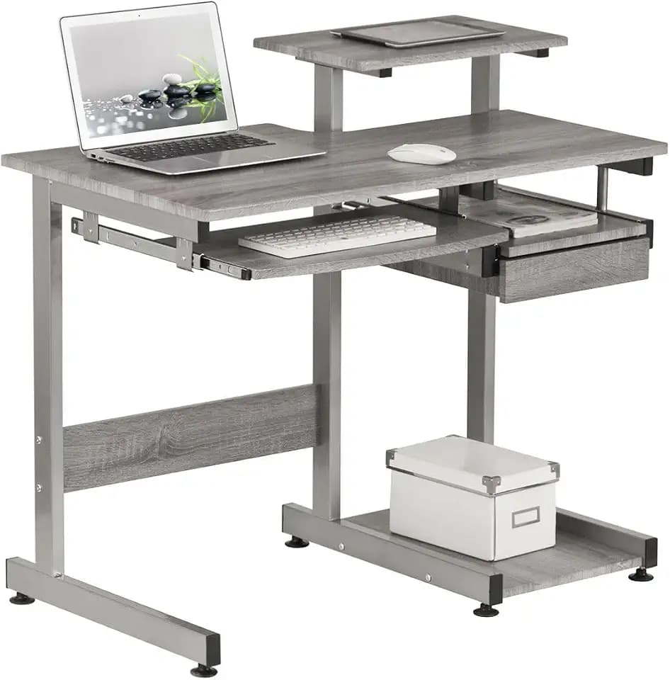 Techni Mobili 38"W Desk with Printer/Keyboard Tray & CPU Platform, Grey