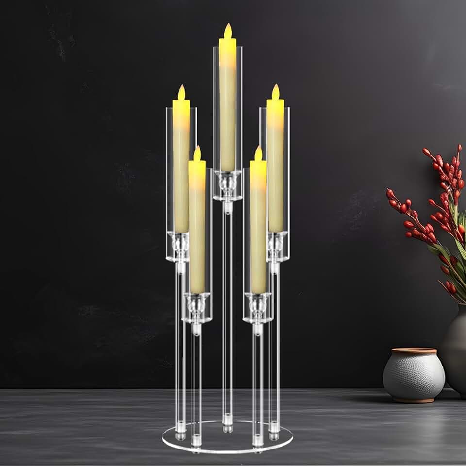 5 Arms Acrylic Candelabra Centerpieces for Tables, 27.2” Tall Clear Candle Holder for Wedding Dinner Party and Home Decor,Candlesticks Holder with Lampshade,Fits LED Candle