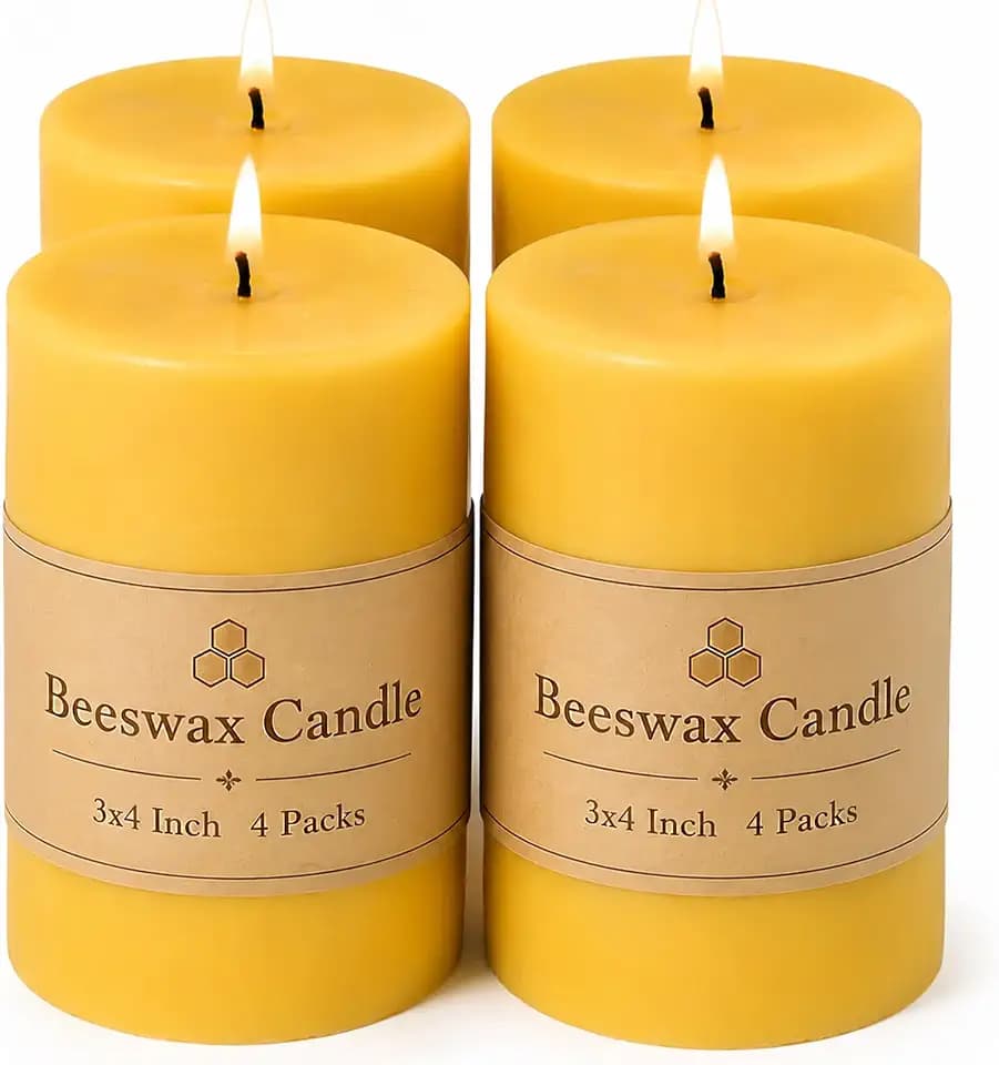 Beeswax Pillar Candles 3x4 Inch 4 Pack, Unscented Bee Wax
