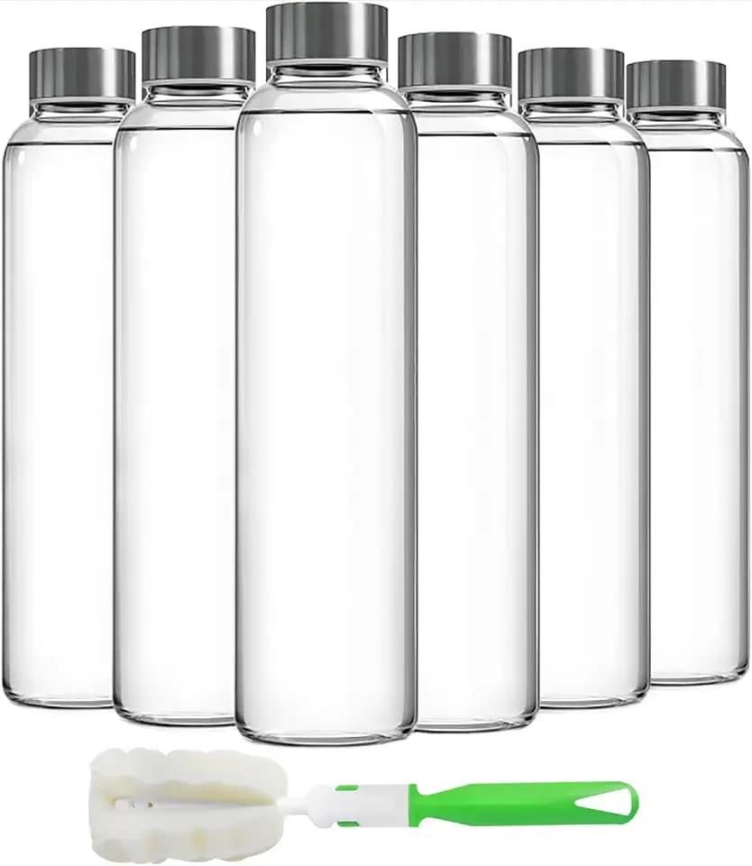 Epica Clear Glass Bottles with Lids 18oz Water Bottles, Steel Cap, 6-Pack