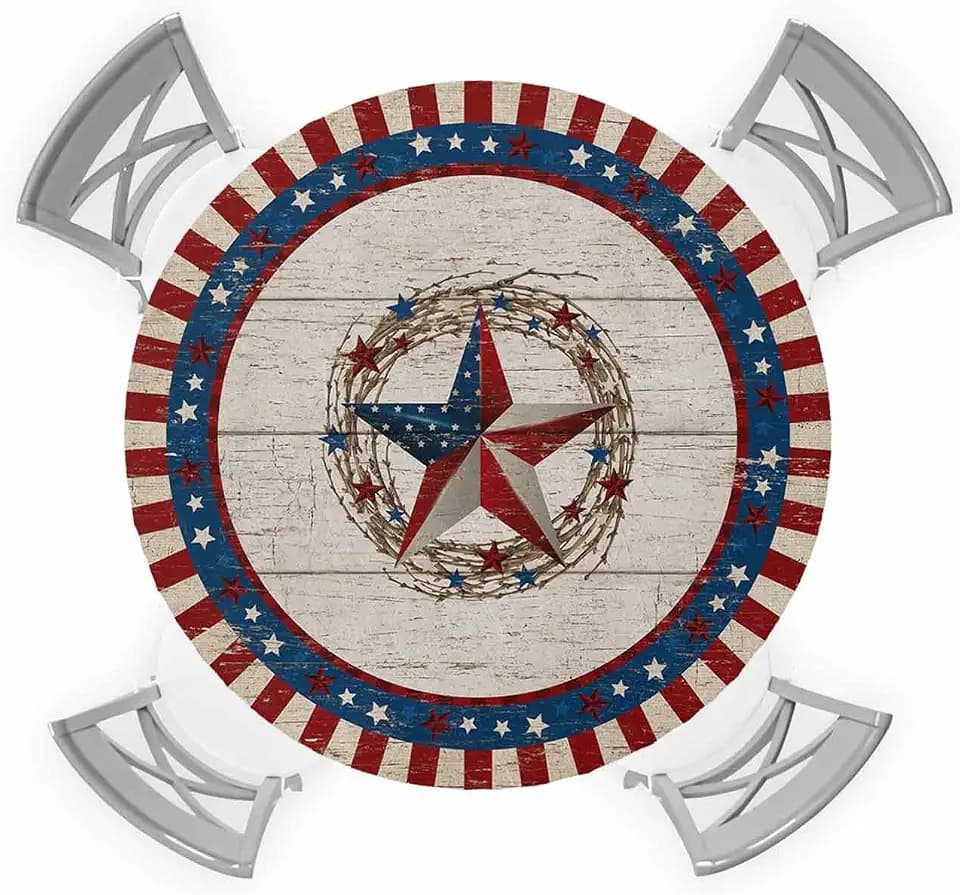 4th of July Round Fitted Tablecloth with Elastic Patriotic Stars Independence Day Tablecloths Rustic Wood Table Cover for Kitchen Dinner Memorial Day Party Picnic Fits Tables up to 36"- 44" Diameter