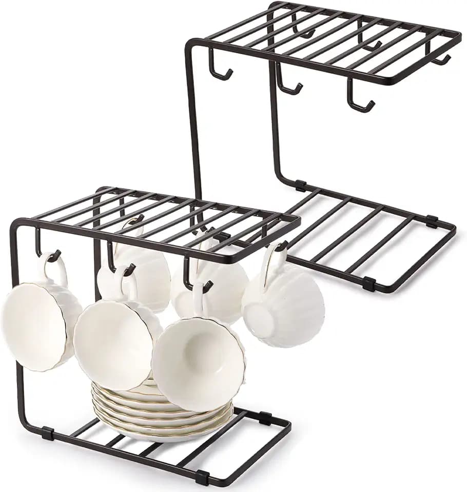 Hedume 2 Pack Metal Wire Tree Stand for Mug, Countertop or Pantry Vintage Metal Mug Rack Holder for Counter 6 Hooks Coffee Cup Display Hanger Rack Organizer