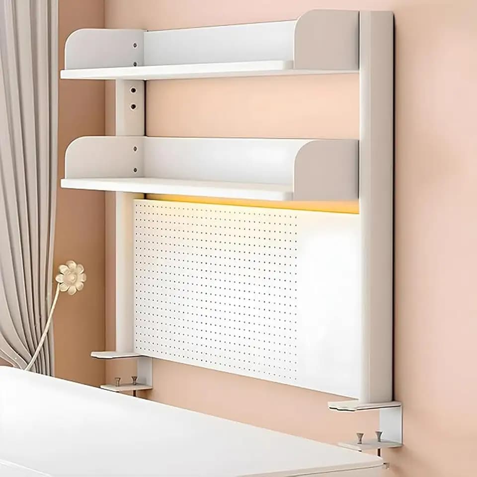 Clamp On Desk Shelf White with Pegboard 23.6 in 2-Tier Bookshelf
