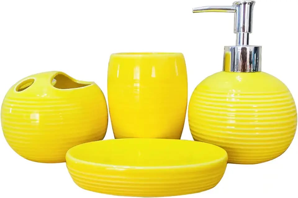 Bathroom Accessories Set 4 Piece Yellow Ceramic Bathroom Decor Accessory Set with Toothbrush Holder,Lotion Dispenser, Soap Dish,Cup