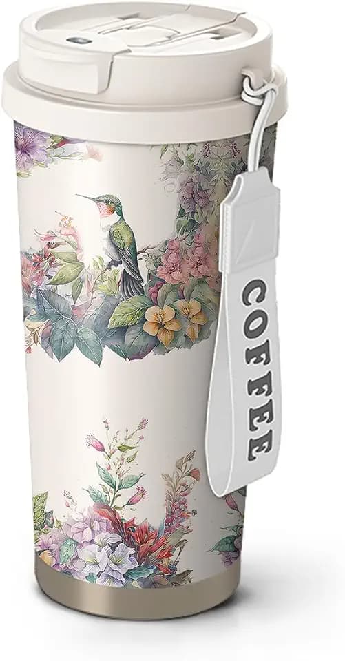 18oz Cute Hummingbird Coffee Mug Travel Cups with Lid and Flip Straw, Stainless Steel Insulated Tumbler Water Bottle with Strap, Gifts for Women Animal Lovers