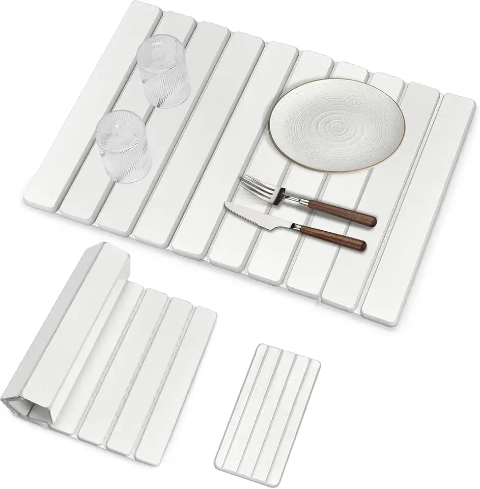 Large Stone Dish Drying Mats for Kitchen Counter, Quick Drying Collapsible Dish Drying Mat, Eco-Friendly Absorbent Diatomaceous Earth Mats for Dishes Cups, Match Any Countertop (White 24"×16" & 8"x4")