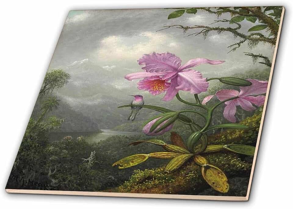3dRose Heades 1800s Painting Hummingbird On Orchid 12 Inch Ceramic Tile