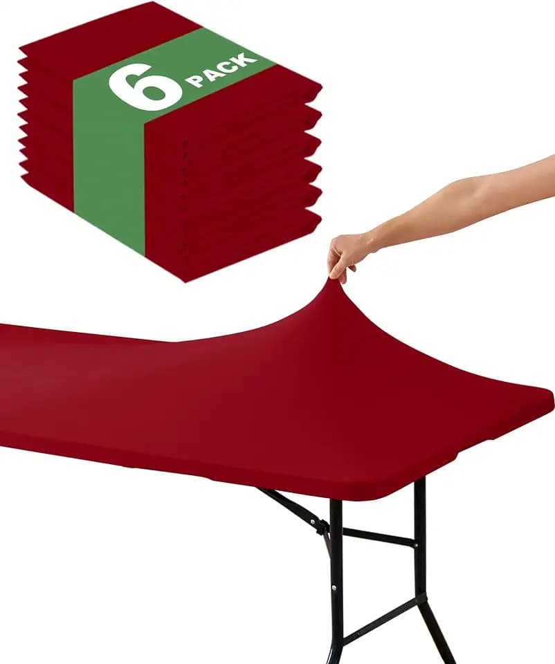 Fitted Tablecloth Rectangle Table Cloths with Elastic, 8 ft, Red, 6 Pack