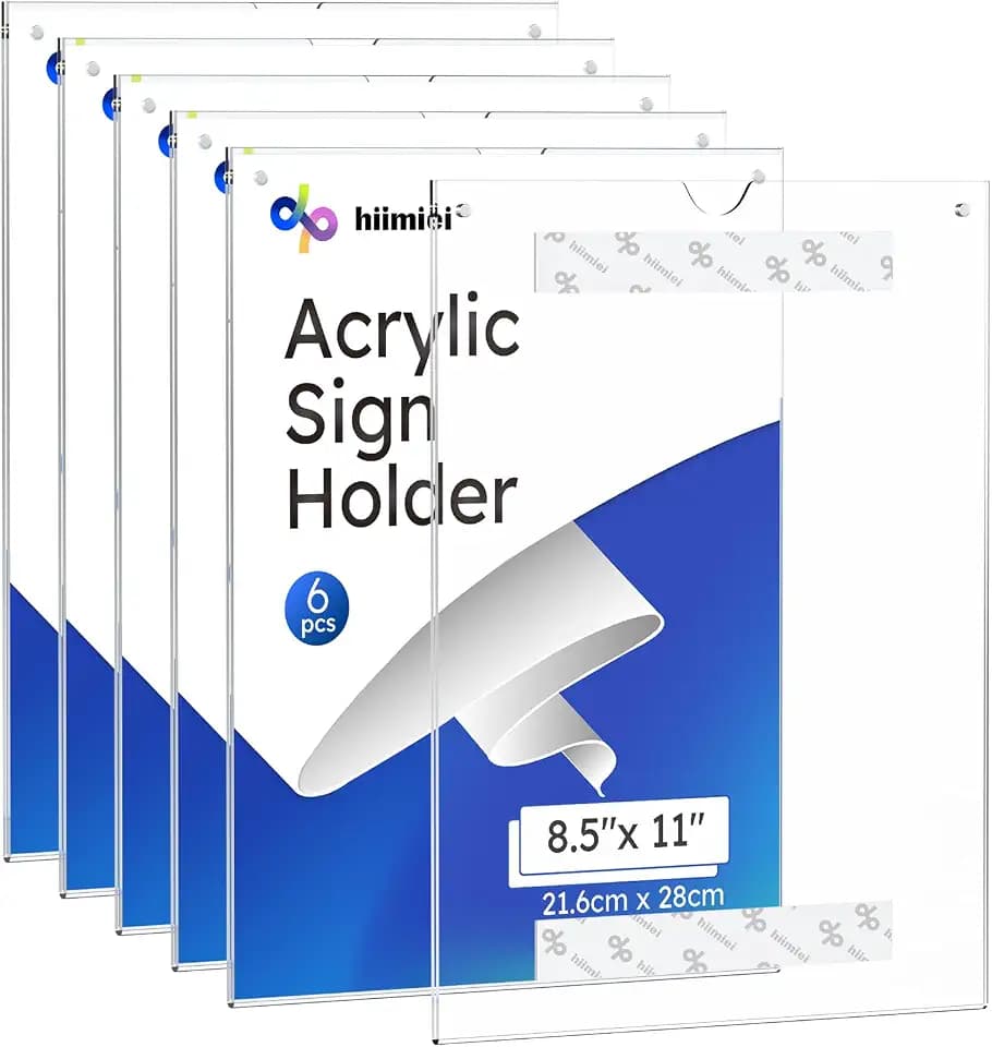 HIIMIEI Acrylic Sign Holder 8.5 x 11 Wall Mount with Paper Fixing Magnet and Double-Sided Tape, No Drilling Required (6 Pack) - Perfect for Office, Home, Store, and Restaurant