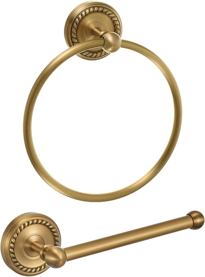 Antique Brass Toilet Paper Holder & Gold Towel Ring, 2-piece Bathroom Set